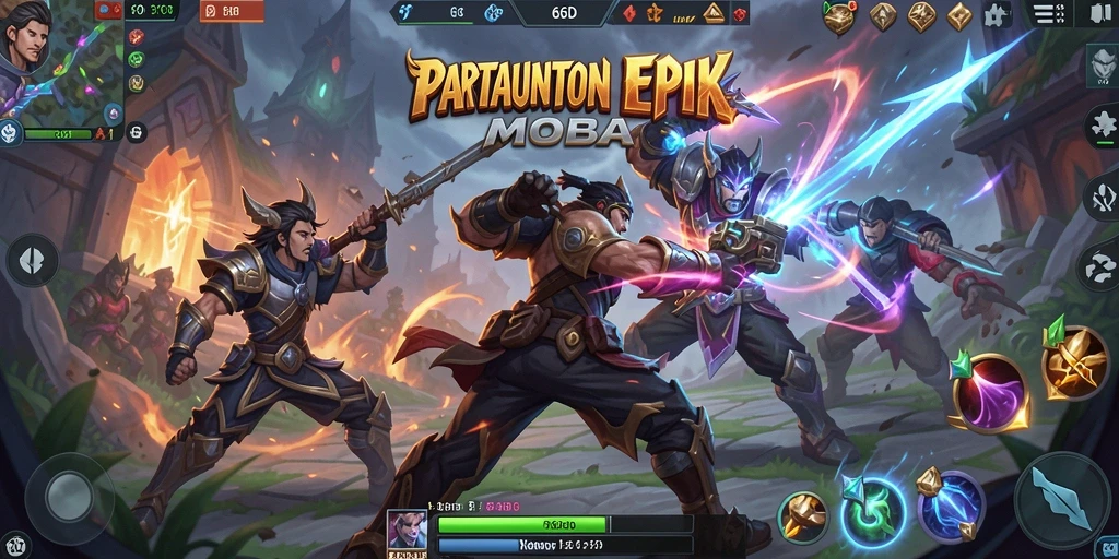 Tangkapan layar utama menampilkan aksi seru dalam permainan MOBA.