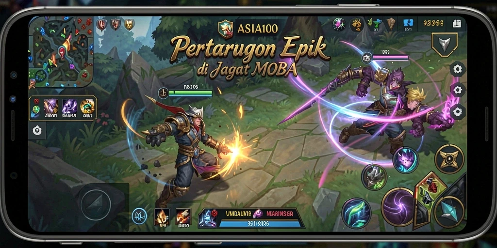 Tampilan aksi seru gameplay MOBA di ASIA100.