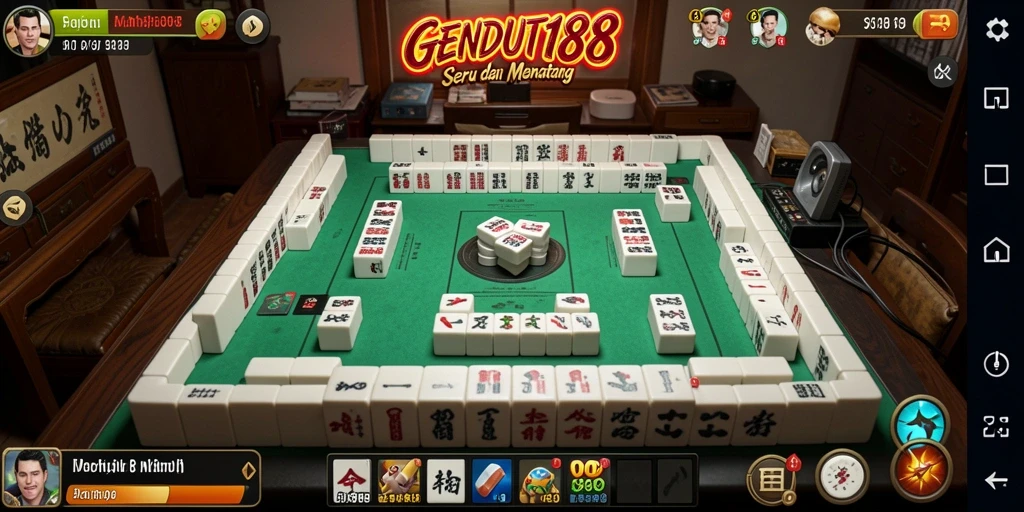 Screenshot gameplay GENDUT188 dengan ubin Mahjong yang berwarna-warni.