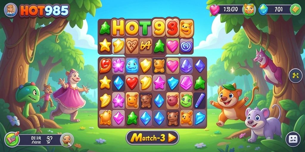 Menampilkan gameplay menarik saat mencocokkan permata dalam HOT985.