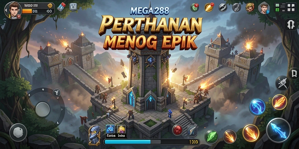 Tampilan gameplay seru di MEGA288 dengan menara pertahanan yang menakjubkan.