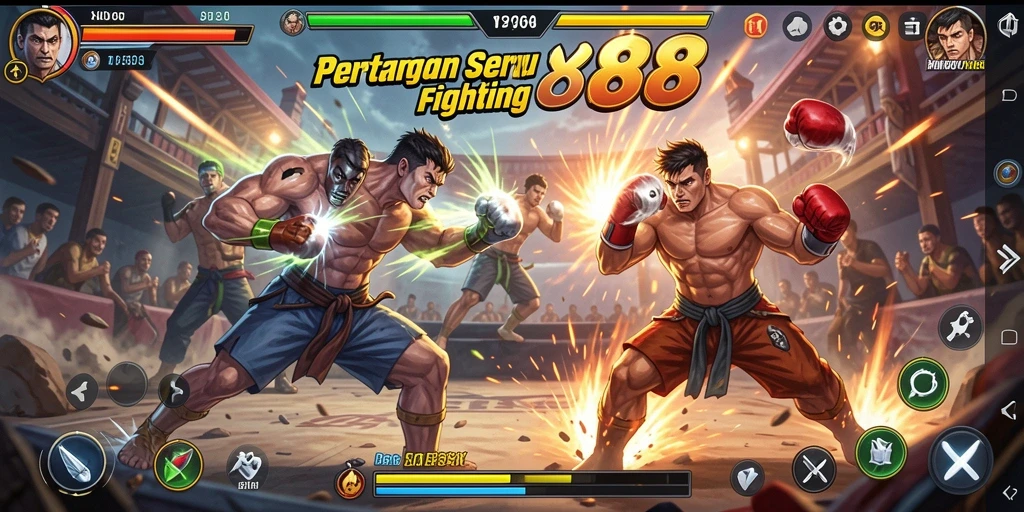 Screenshot utama YOYO88 menampilkan pertarungan seru antara karakter-karakter di arena.